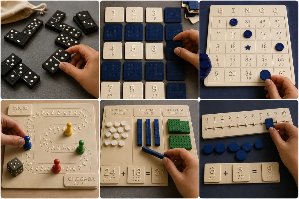 Jogos matemáticos táteis com peças acessíveis